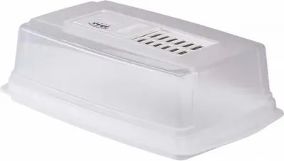 A clear, studio shot of a clear plastic food container with a white lid.