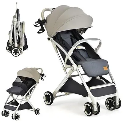 Imagen del producto de Cochecito plegable, ideal para viajes, con función de reclinación. Cochecito para bebés con respaldo y capota ajustables. Cochecito ligero para bebés con arnés de 5 puntos, apto para bebés hasta 3 años, con capacidad de carga de 15 kg (gris)