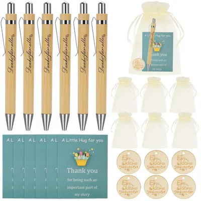 Image de Coffret de 6 stylos à bille en bois avec gravure "Merci pour tout" - Idée cadeau