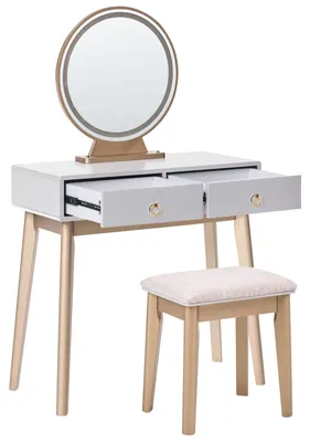 Produktbild von BELIANI Schminktisch Grau und Gold MDF-Platte mit Holzbeinen Rundem LED-Spiegel 4 Schubladen Hocker Glamour für Erwachsene Schlafzimmer Jugendzimmer