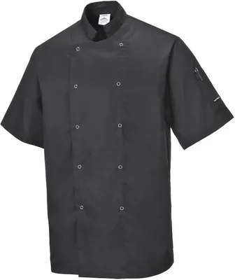 A black chef's jacket is shown against a white background.