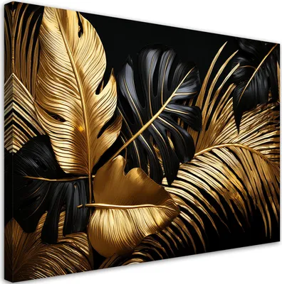 Produktbild von Leinwandbild Gold Schwarz Palmblätter Monstera 120x80 Feeby Gold bild für die wand bereit zum aufhängen