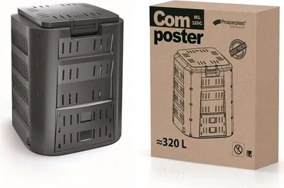 A product shot of a black compost bin next to its cardboard packaging.