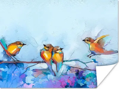 Produktbild von MuchoWow® Poster Gemälde - Ölfarbe - Vogel - Zweig 160x120 cm - Foto Plakat