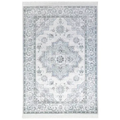 Zdjęcie produktu dla Dywan do salonu 195x300cm, klasyczny wzór błękitno kremowy z frędzlami