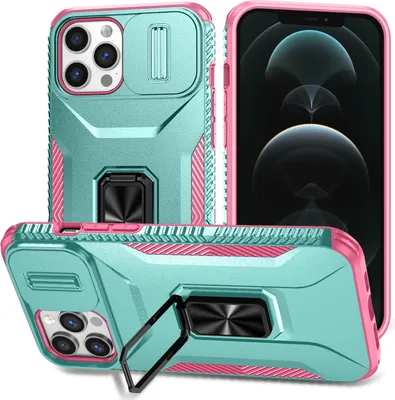 Produktbild von Handyhülle für iPhone 12 Pro Max Dual Layer Hülle mit Schiebe Kamera Schutz und Ringhalter Ständer Türkis
