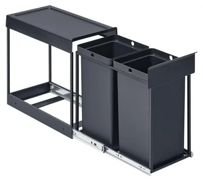 Zdjęcie produktu dla Pojemnik na odpady kuchenne, system segregacji odpadów do dolnej szafki, 2 x 15 litrów | Szary | 48,6 x 29,2 x 44 cm