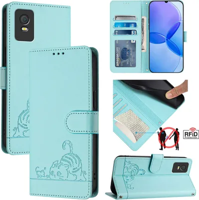 Produktbild von Leder Hülle für TCL 403 Süße Katze Flip Case Brieftasche Schutzhülle mit Standfunktion hellgrün
