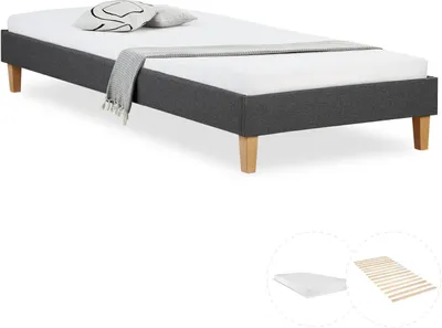 Produktbild von Homestyle4u Polsterbett mit Matratze 90x200 Lattenrost Einzelbett Stoffbett Bettgestell Bett Grau
