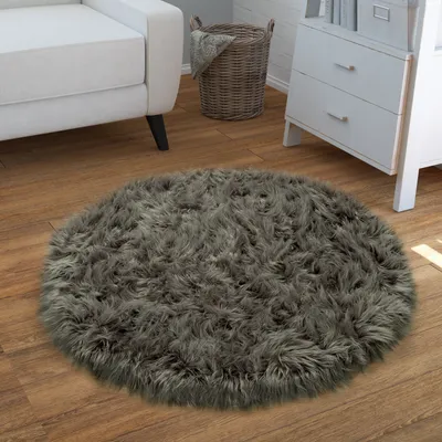Image de Tapis en Fourrure artificielle Coussin d'assise en Fourrure artificielle Forme cœur Différentes formes Gris foncé Taille 90 cm Rond
