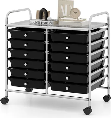 Produktbild von GOPLUS Rollwagen mit 12 Schubladen stapelbar, Rollcontainer mit Ablage & Metallgestell, Badregal, Schubladenwagen, Aufbewahrungswagen, Schwarz