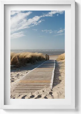Produktbild von Blick auf den Strand und das Meer– Wandbild mit Rahmen – Gerahmtes Bild  – Wanddekoration – 40x60 cm – Weiß