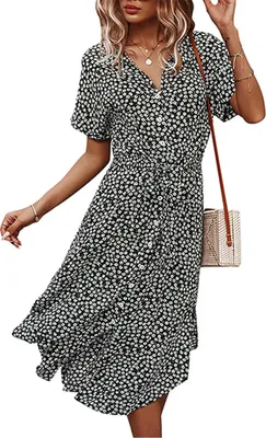 Image de ASKSA Femme Fleurs Robe d'été Polka Dots Robe décontractée, Noir, XL