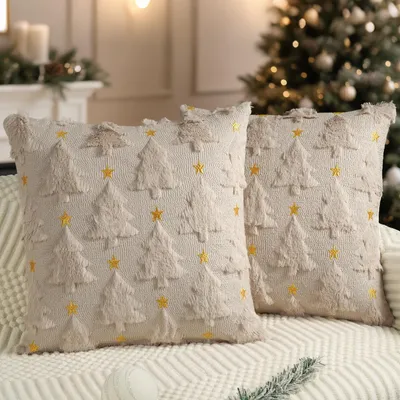 Kissenbezüge 40x40 cm, 2er-Set, Beige, Weihnachtsbaum, Plüsch