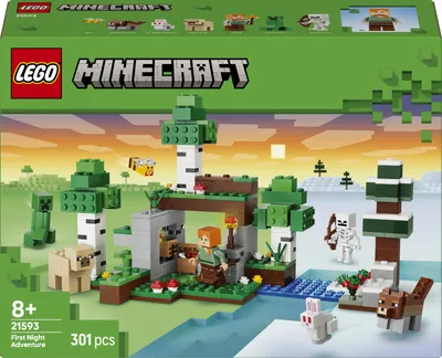 Imagen del producto de LEGO Minecraft: Primera Aventura Nocturna. Juguete interactivo con 7 figuras, incluyendo a Alex, Creeper, Esqueleto y Lobo del Bosque. Regalo ideal para niños y niñas a partir de 8 años. Número de producto: 21593