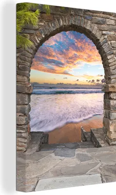 Produktbild von OneMillionCanvasses® - Leinwandbilder - 90x140 cm, Abend - Meer - Strand - Aussicht, - Geöffnetes Fenster - Fensterblick Schlafzimmer Kunstdruck Wanddekoration - Foto auf Leinwand - Gemälde auf Holzrahmen  - Wandschmucke - Schlafzimmer