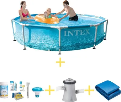 Produktbild von Intex Metal Frame Pool - Strandseite - 305 x 76 cm - Inklusive WAYS Wartungspaket, Filterpumpe & Bodenplane