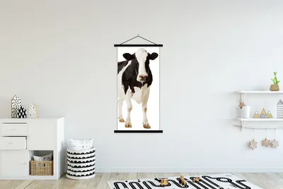 Produktbild von MuchoWow® Textilposter Kuh - Weiß - Schwarz - Tiere 90x180 cm mit schwarzem Rahmen - Dekoration Wohnzimmer