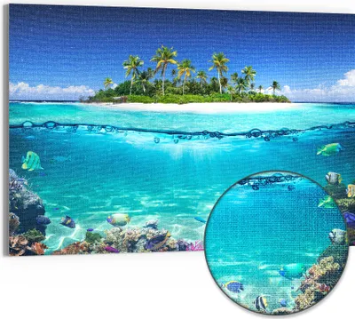 Produktbild von DEQORI Hybrid Leinwand Bild 90x60 cm 'Insel im tropischen Meer' Wandbild Glas flach modern
