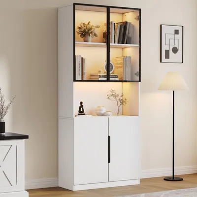 Produktbild von Moderne minimalistische Vitrine mit Glastüren, Hochschrank mit LED-Beleuchtung und verstellbaren Regalen,Weiß Schrank