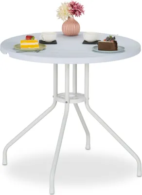 Produktbild von Relaxdays Gartentisch, H x D: 74 x 80 cm, Holzoptik, Kunststoff & Stahl, Outdoor Esstisch, runder Balkontisch, weiß