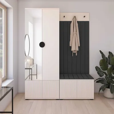 Produktbild von Garderoben-Set Ritmo Version 1 – gefräste Kleiderschrank mit Spiegel, mit Polsterplatten, Schuhschrank, für Eingangsbereich (Cashmere, Trinity 16)
