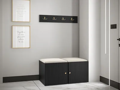 Produktbild von MIRJAN24 Garderoben-Set Orion Ryfel Slim VI, Schuhschrank, Kleiderhakenbrett, 2x Sitzpaneel 42x42, Metallgriffe, 4 Kleiderhaken (Farbe: Schwarz, Manila 02)