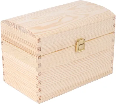 A light-colored wooden chest with a curved lid and a brass latch, presented against a white background.