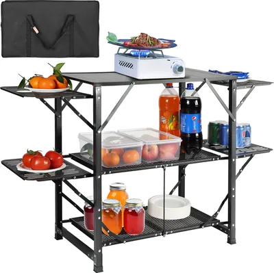 Zdjęcie produktu dla Stół kempingowy VEVOR, aluminiowy, składany, przenośny, zewnętrzna stacja do gotowania z 4 żelaznymi bokami, 2 półkami i torbą do przenoszenia, szybki montaż na pikniki, grille, plażę, podróże itp.