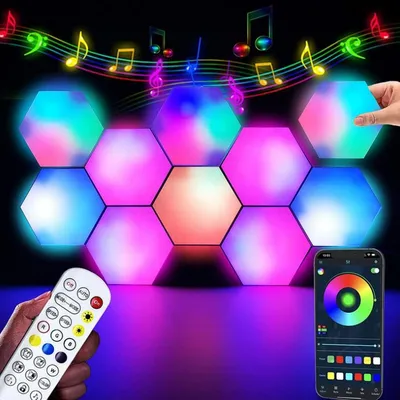 Produktbild von RGB-LED-Panel und ferngesteuerte LED-Wandleuchte für Spieledekoration, synchronisierbar mit Musik, sechseckig