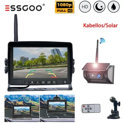 Produktbild von Rückfahrkamera Solar Kabellos Einparkhilfe 1080P 7 Zoll Farb Monitor Nachtsicht Infrarot Wasserdicht IP69 für LKW Bus Wohnmobil Anhänger mit Distanzlinien