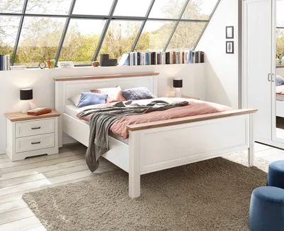 Produktbild von Schlafzimmer Set 3-teilig Bett 160x200cm Pinie weiß mit Eiche JÜLICH-77