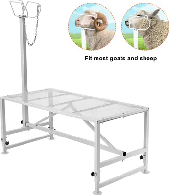 Obrázek produktu pro SucceBuy Stojan na kozy a ovce - Stojan na dobytek o rozměrech 51x23 palců pro dojení a stříhání. Výškově nastavitelný od 21" do 33", nosnost 500 liber, bílý s hlavicí a otvorem pro nos.