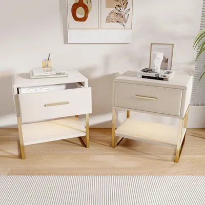 Image de ProximaX 2 PIÈCES Table de nuit beige, Table de nuit avec lumière Led, Table de nuit avec tiroirs et espace de rangement ouvert pour le salon, 40x31x50cm