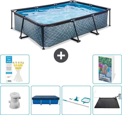 Produktbild von Rechteckiges Steingebilde Pool - 300 x 200 x 65 cm - Mit Pumpe Abdeckvorhang - Reinigungssatz - Solar-Matte - 7-teilig