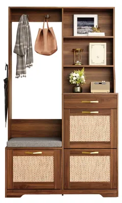 Produktbild von Flurgarderobe mit Rattan-Front, Sitzbank, Schuhschrank & Kleiderhaken