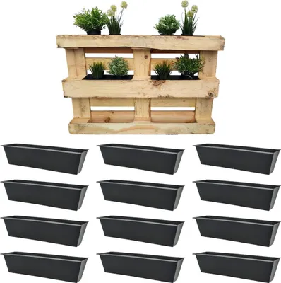 Produktbild von 12er Set Pflanzkasten Schwarz für Balkon & Europaletten – Robuste Blumenkästen 380x90mm
