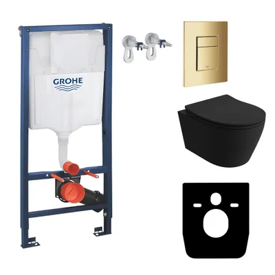 Produktbild von GROHE Vorwandelement Solido + Wand Hänge WC Praia Schwarz Spülrandlos + WC-Sitz SoftClose | Goldener Knopf | Komplettset | Unterputz Spülkasten |  Toilette Komplett Sett