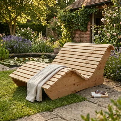 Produktbild von Holzliege Waldsofa Wellenliege Relaxliege "Sigi" Gartenliege Massivholz Lärche abgeschrägt 120cm Himmelsliege