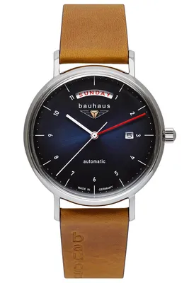 A close-up studio shot of a Bauhaus automatic wristwatch with a brown leather strap.