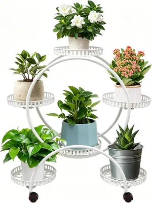 Image de Support métallique pour plantes, 4 niveaux, pour 6 pots de fleurs, mobile avec roulettes, étagère pour plantes, pour intérieur et extérieur