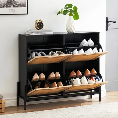Produktbild von Schuhschrank 100x24x88 cm 4 Klappen Schuhkipper Flur Diele Schwarz Holzoptik