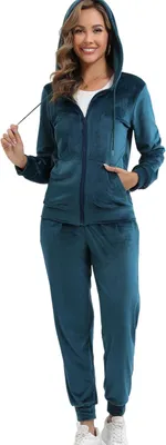 Productafbeelding van Velours huispak voor dames, tweedelig joggingpak met rits, capuchon en zakken