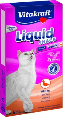 A product box for cat treats, featuring a cat and product details.