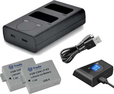Produktbild von Trade-Shop 3in1 Set: 2x Li-Ion Akku 1,2Ah + USB-C Doppel Akku Dual LCD Ladegerät für 2 Akkus kompatibel mit Canon LP-E5, EOS-450D, EOS-500D, EOS-1000D