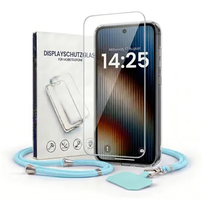 Produktbild von Handyhülle für Samsung Galaxy A56 5G mit Handykette und 9H Displayglas Displayschutz Band in Hellblau Kordel Hülle Case Schutzhülle Transparent