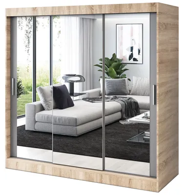 Produktbild von Kleiderschrank Sonoma Eiche & Anthrazit Matt - 200x200cm - Schiebetürenschrank KARL - mit 3 Spiegeln - für Schlafzimmer & Garderobe