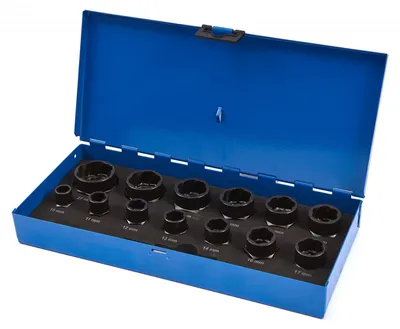 Immagine prodotto di Set bussole per rimozione dadi e bulloni antifurto danneggiati, attacco quadro 1/2" e 3/8",14 pezzi