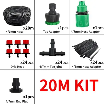 Productafbeelding van Druppelirrigatiesysteem - Irrigatieset - 20 m - 4/7 mm slang - Druppelaars - T-stukken - Kraanadapter - Automatische irrigatie