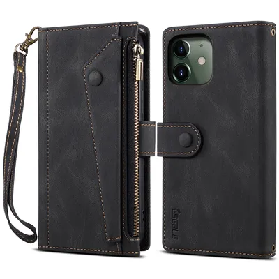 Obrázek produktu pro Ochranné pouzdro pro iPhone 11, kožené pouzdro na zip, skládací peněženka s přihrádkou na karty, stojánek a poutko černé